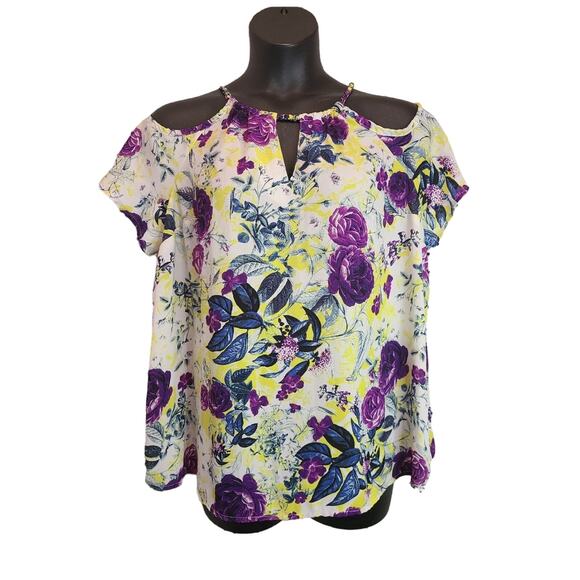 Torrid Georgette Chain-Link Cold-Shoulder Blouse • Floral White • Size 5XL - Picture 1 of 12